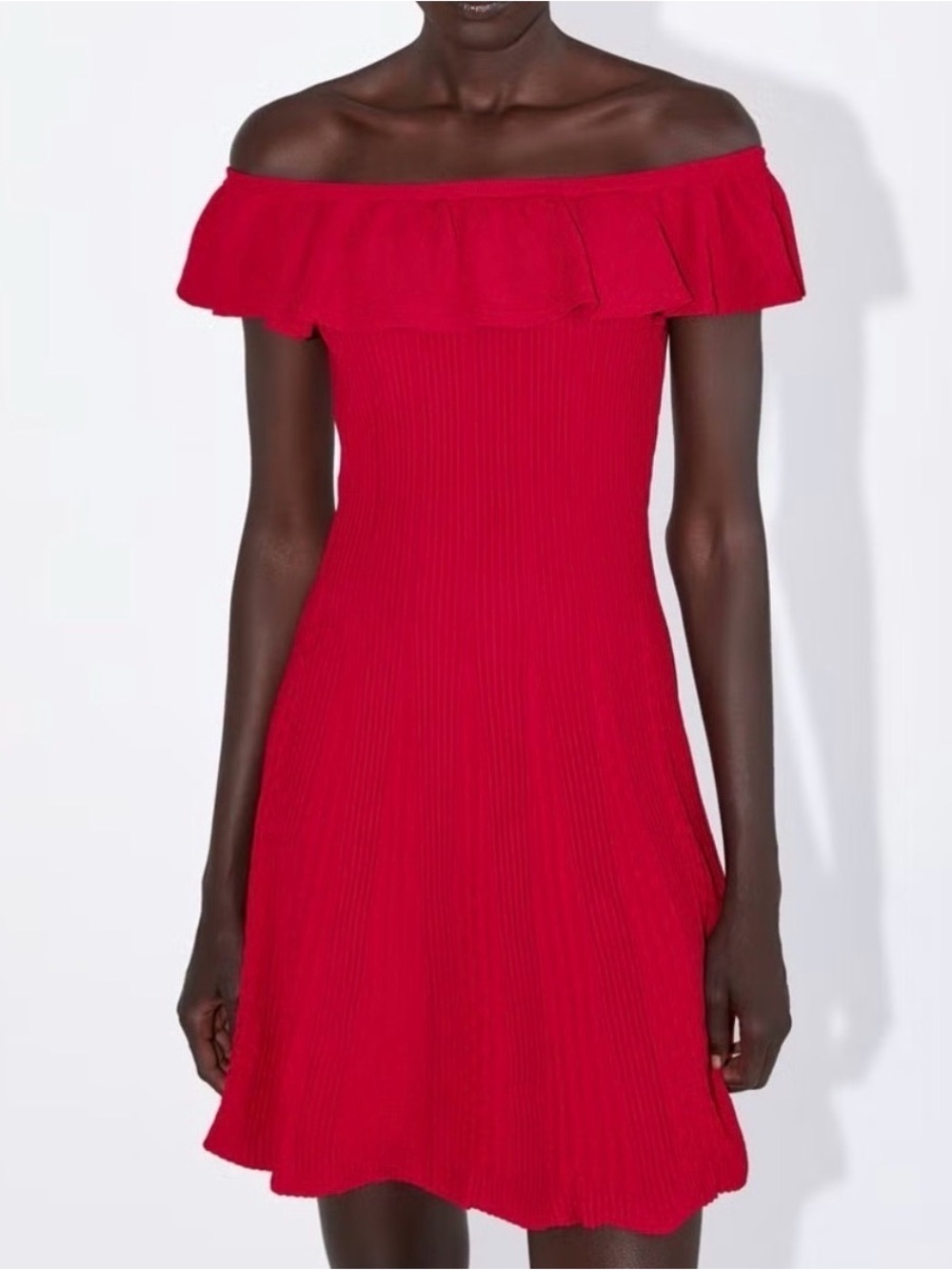 Zara One-Shoulder Ruffle Knit Dress in Red